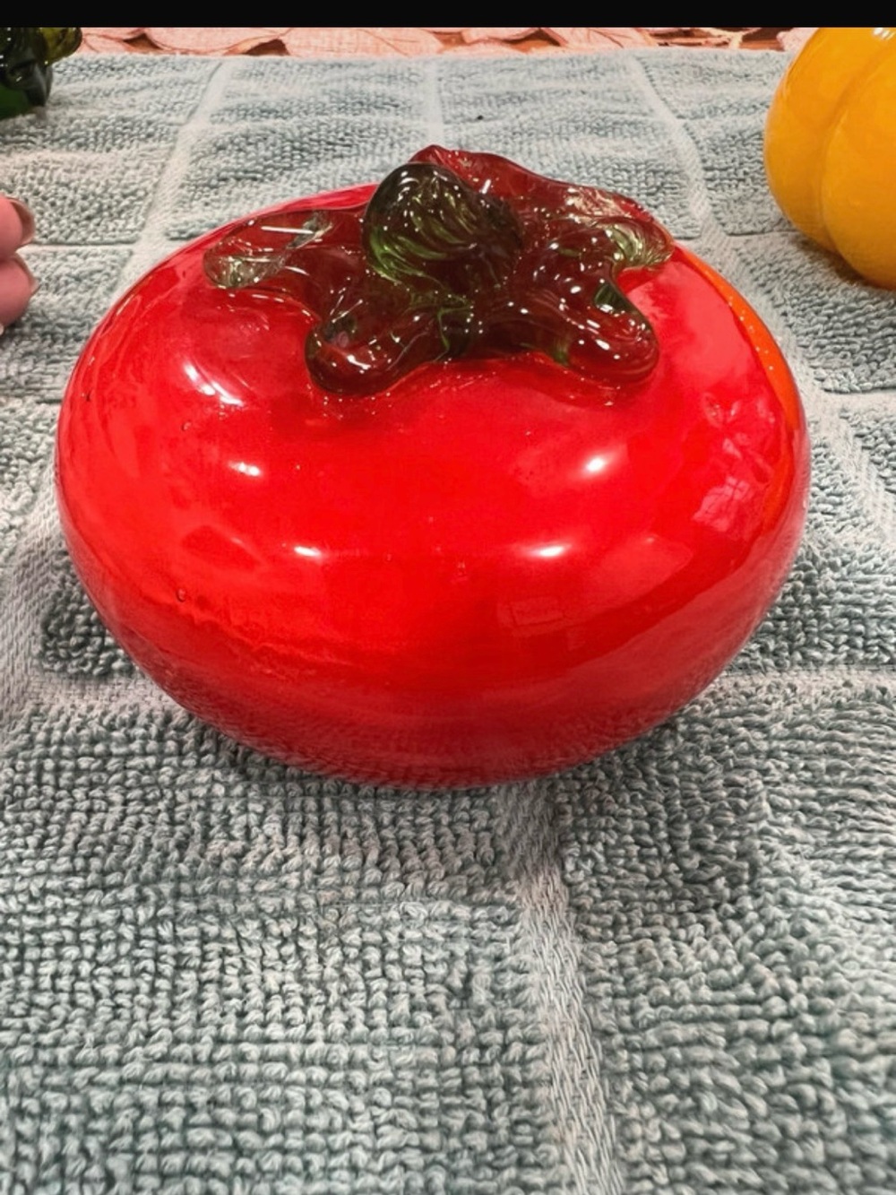 Handblown Glass Tomato Decorative Bowl - Red with Green Stem